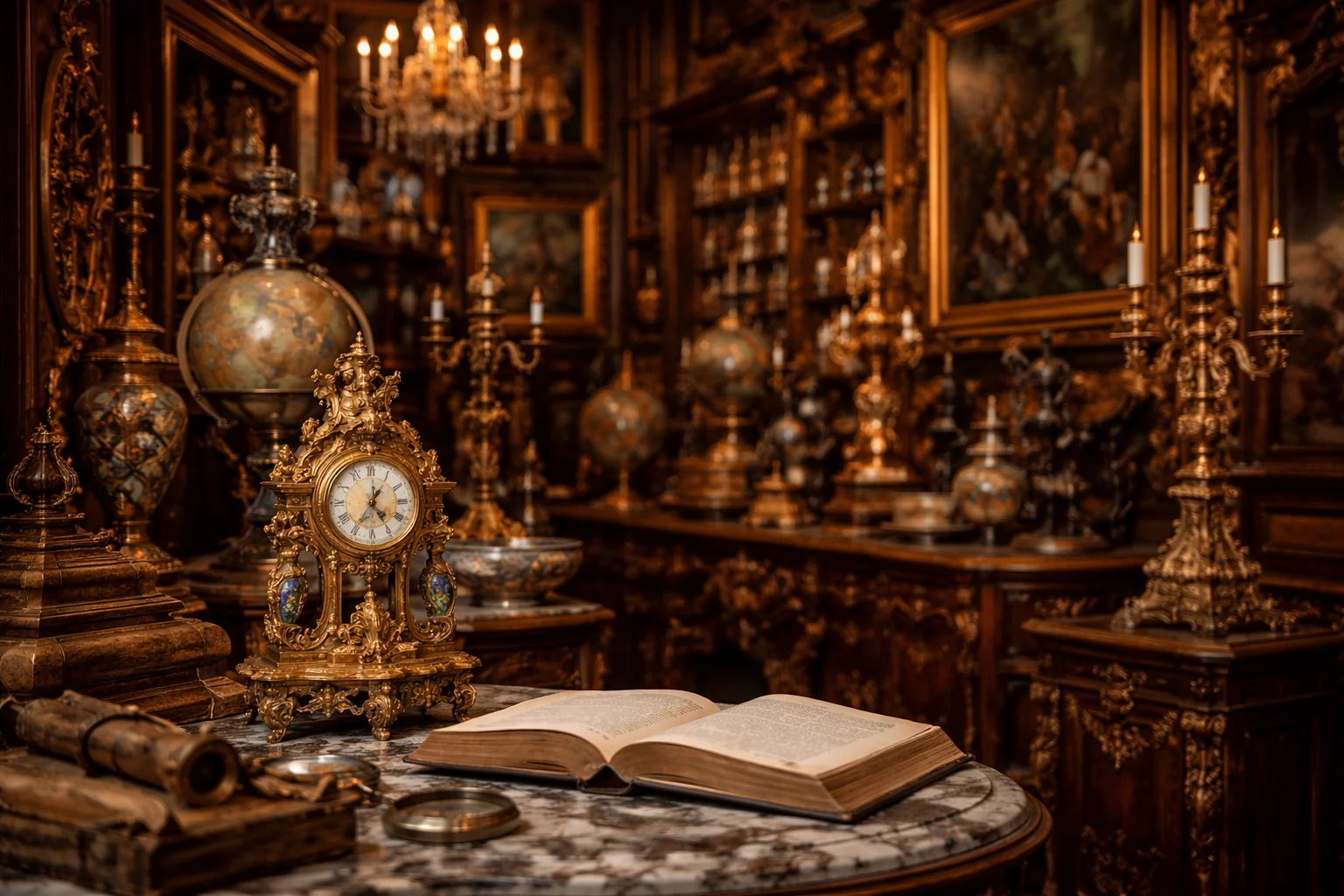 Cabinet d’antiquaire : pendule en bronze doré, globe terrestre ancien, candélabres et livre ouvert